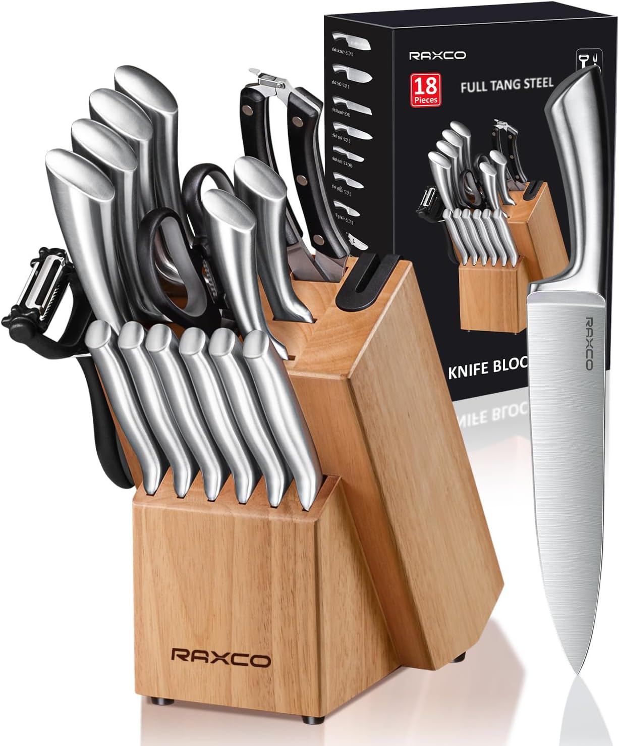 RAXCO Juego de cuchillos de cocina de acero inoxidable de 18 piezas
