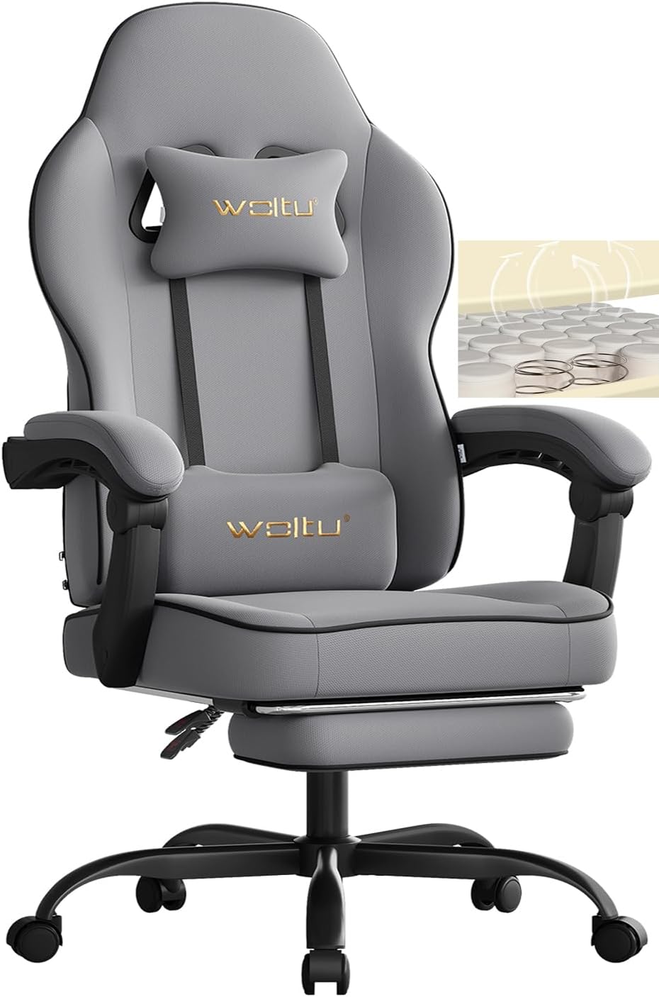 WOLTU Silla Gaming Ergonómica con Soporte Lumbar - Tela de Malla Gris.