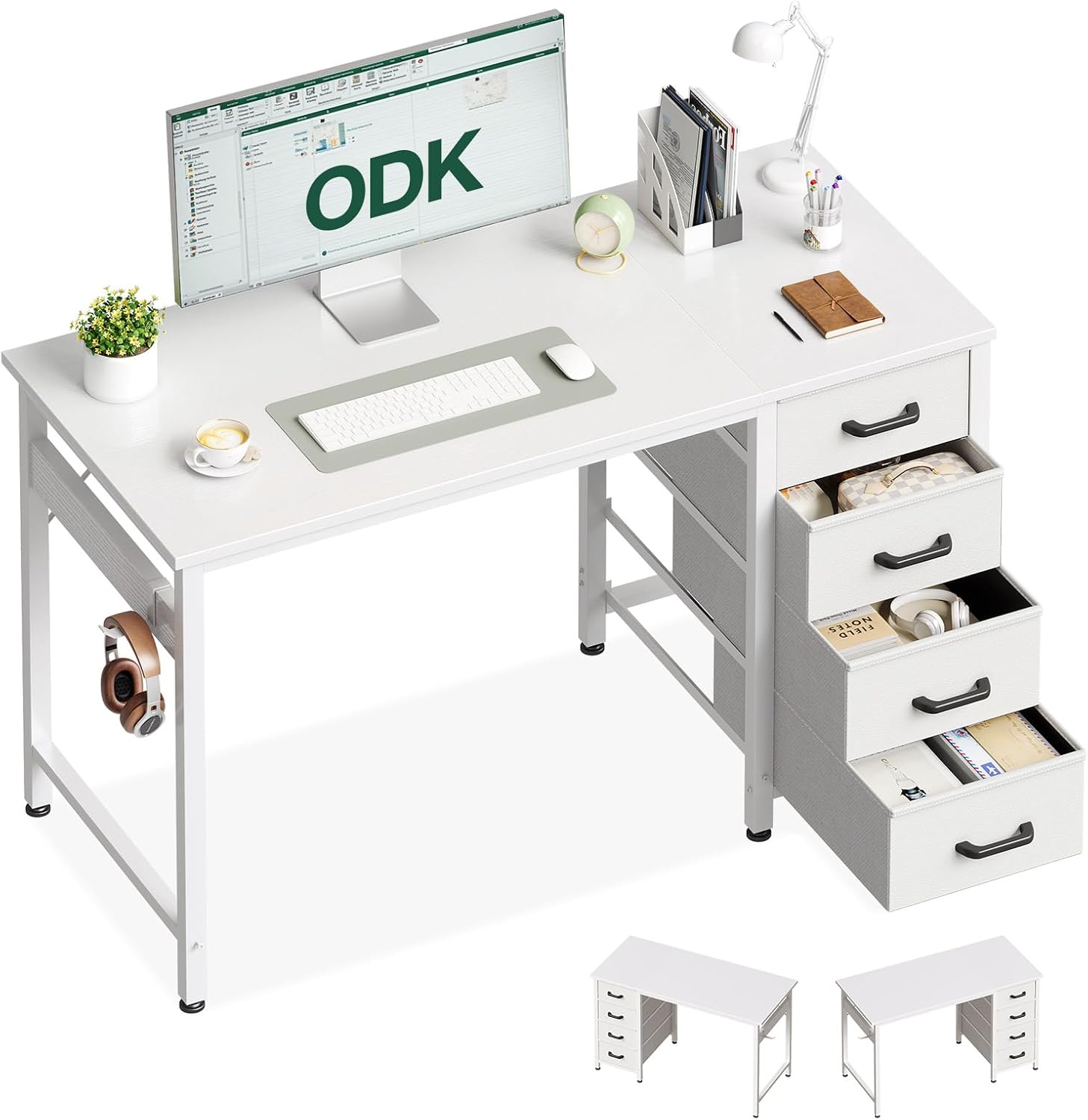 ODK Escritorio Pequeño con 4 Cajones de Tela - 100x48cm Blanco.