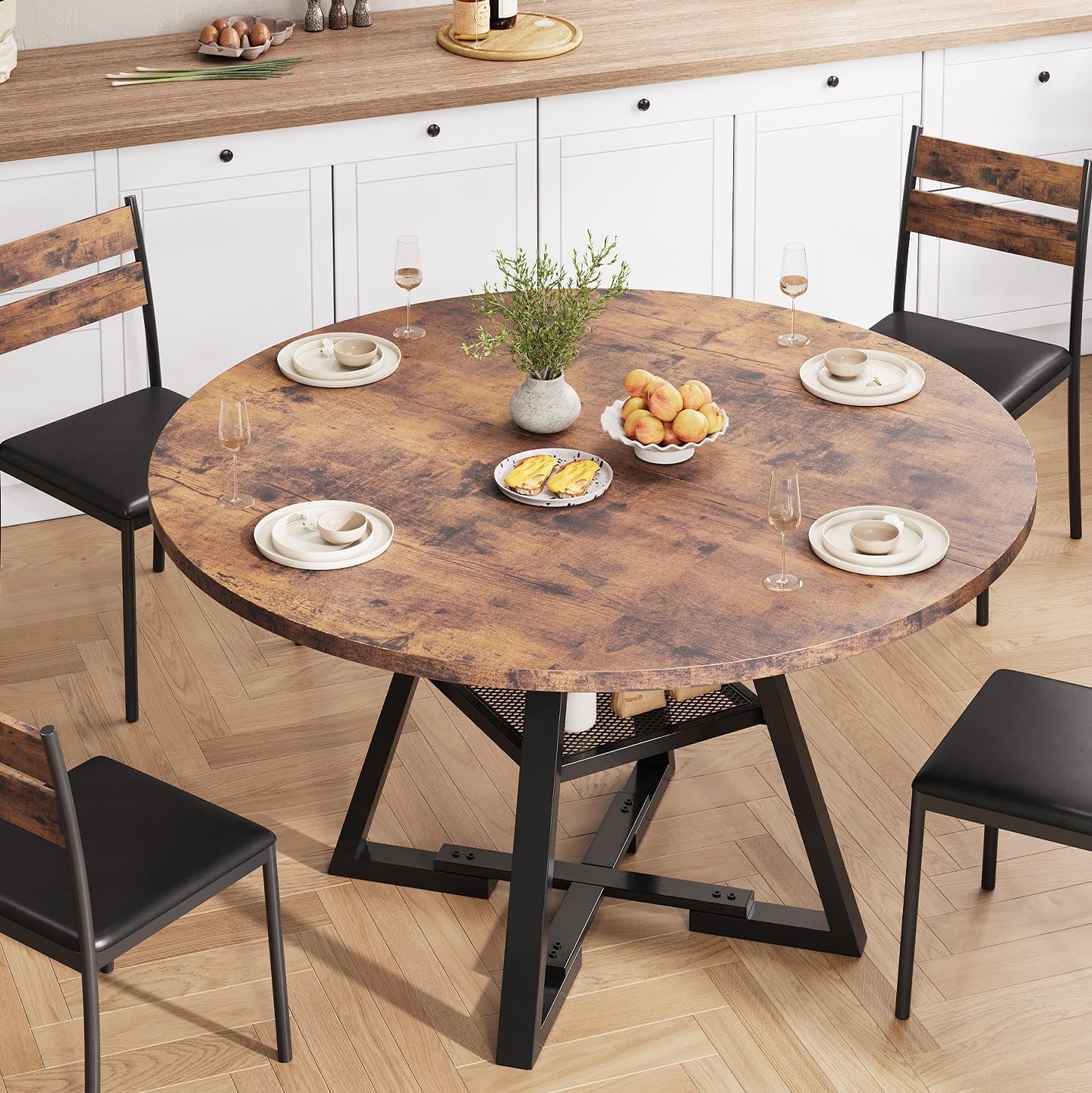Mesa de Comedor Redonda para 4 Personas con Estante de Almacenaje